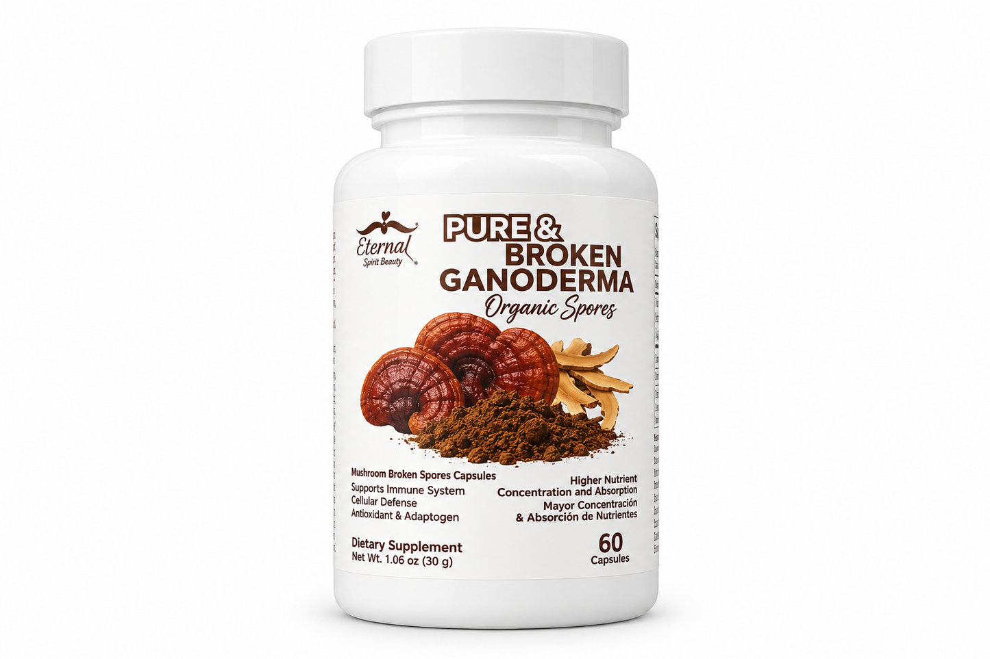 Pure & Broken Ganoderma Organic Spores | Dietary Supplement | 60 Capsules