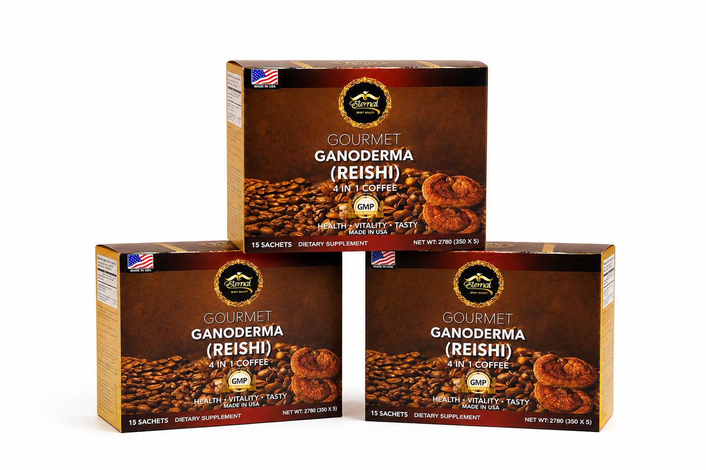 3-Pack Gourmet Ganoderma (Reishi) 4-in-1 Coffee | Premium Instant Coffee Mix | 15 Sachets Each