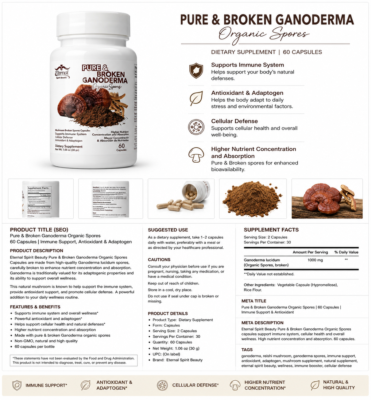 Pure & Broken Ganoderma Organic Spores | Dietary Supplement | 60 Capsules