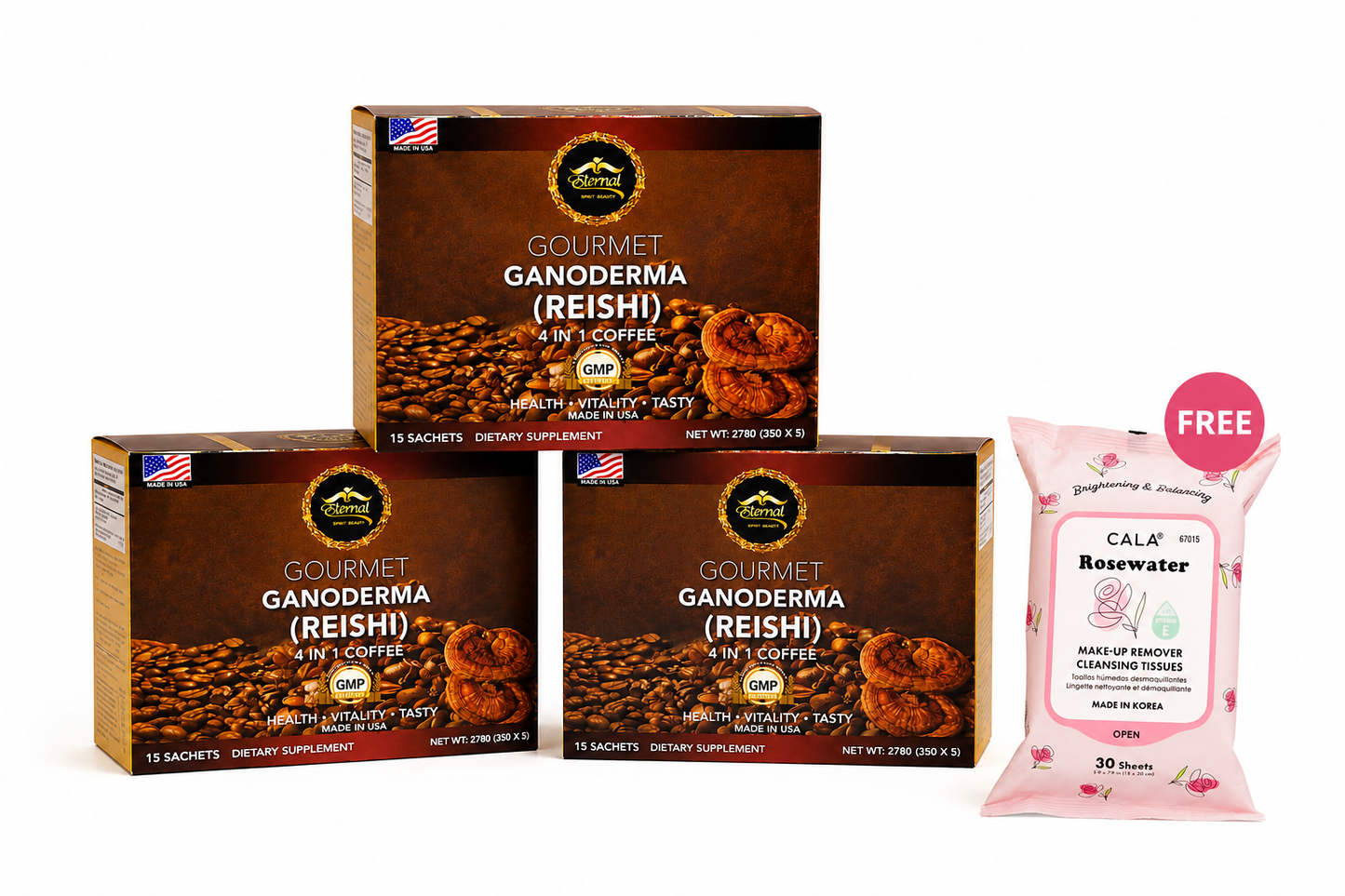 3-Pack Gourmet Ganoderma (Reishi) 4-in-1 Coffee | Premium Instant Coffee Mix | 15 Sachets Each