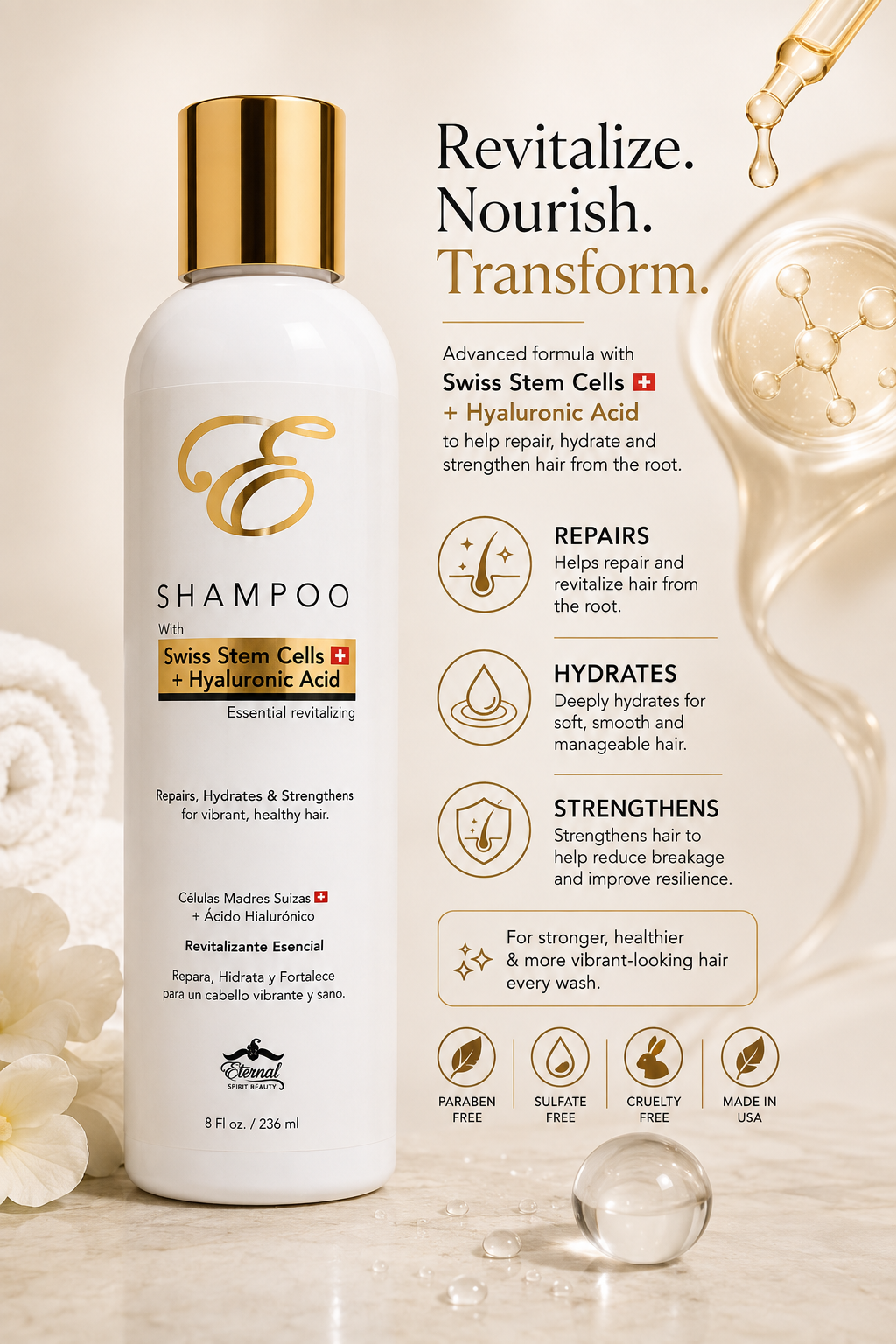 Eternal Spirit Beauty Shampoo with Swiss Stem Cells + Hyaluronic Acid – 8 fl oz